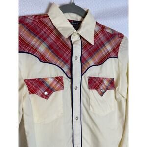 17. Vintage Border Town shirt; plaid; piping; pearl snaps; size 5/6